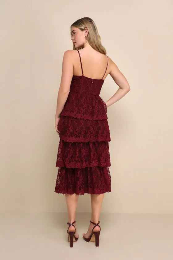 Exceptional Persona Wine Red Lace Tiered Bustier Midi Dress sold by Lulus product image thumbnail 4