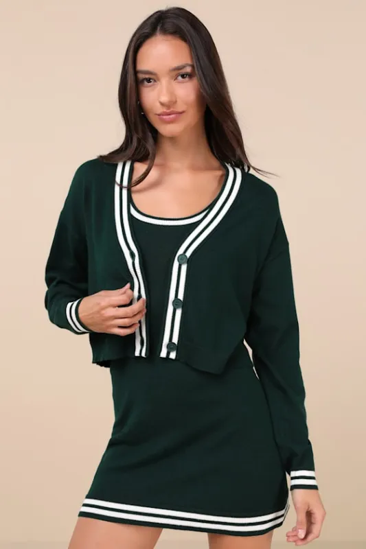 Charming Duo Dark Green Two-Piece Sweater Dress & Cardigan Set sold by Lulus