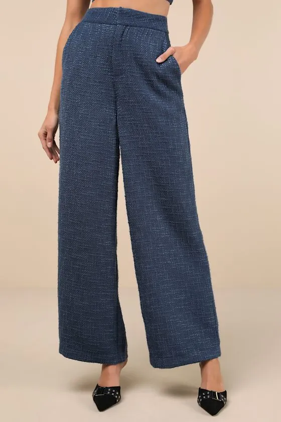 Chic and Sophisticated Navy Blue Tweed Wide-Leg Pants sold by Lulus