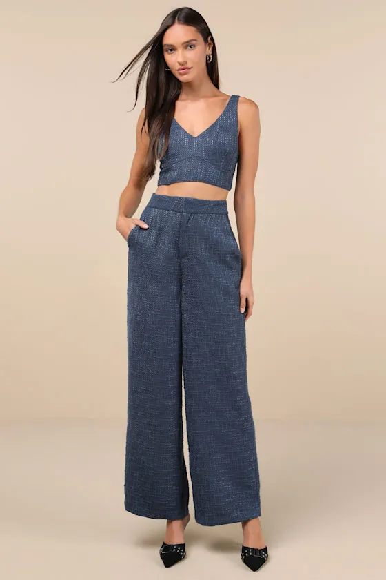 Chic and Sophisticated Navy Blue Tweed Wide-Leg Pants sold by Lulus product image thumbnail 2