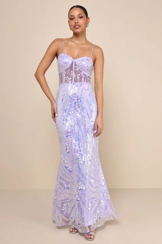 Perfection Seeker Lavender Iridescent Sequin Bustier Maxi Dress sold by Lulus