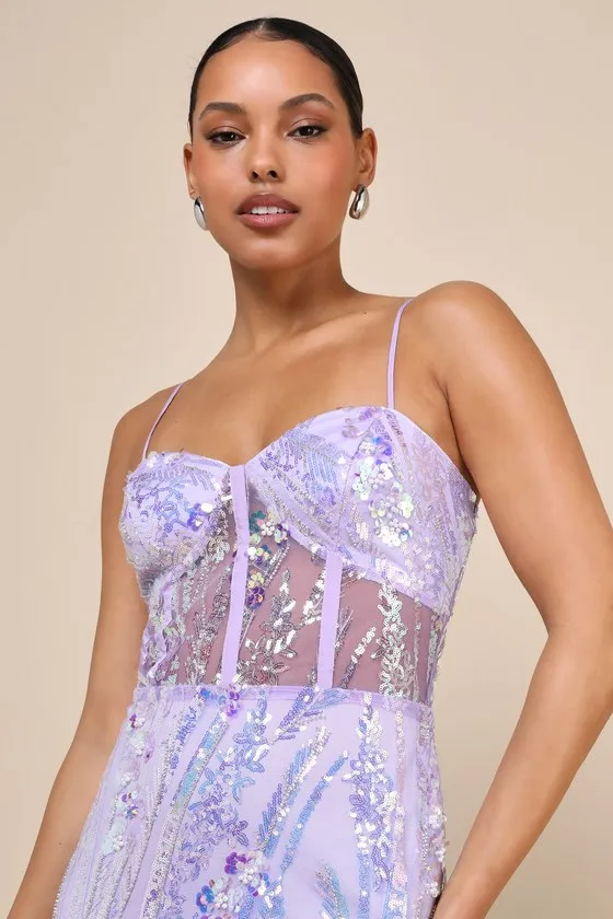Perfection Seeker Lavender Iridescent Sequin Bustier Maxi Dress sold by Lulus product image thumbnail 4