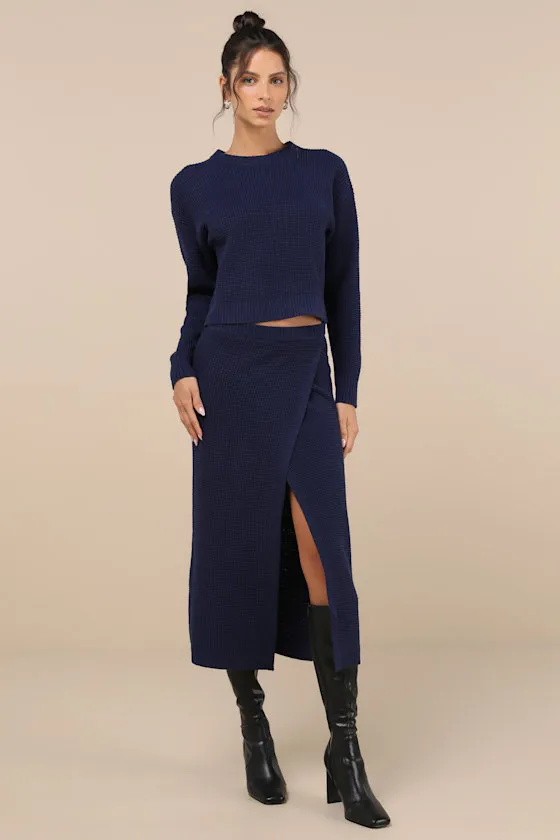 Autumn Sweetheart Navy Blue Waffle Knit Two-Piece Sweater Dress sold by Lulus