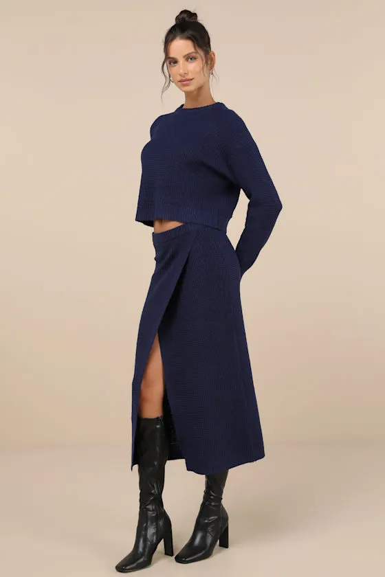 Autumn Sweetheart Navy Blue Waffle Knit Two-Piece Sweater Dress sold by Lulus product image thumbnail 4