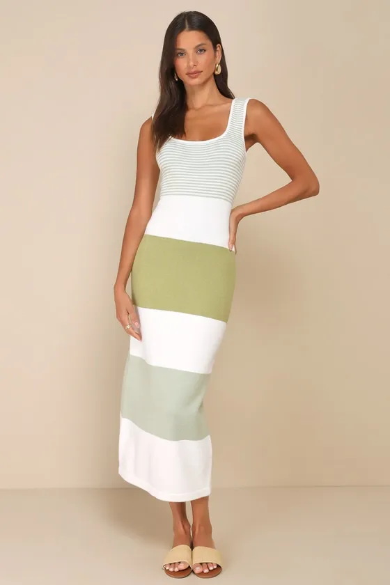 Easily Gorgeous Ivory and Sage Green Striped Midi Sweater Dress sold by Lulus