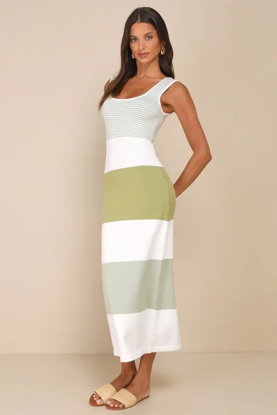 Easily Gorgeous Ivory and Sage Green Striped Midi Sweater Dress sold by Lulus product image thumbnail 2