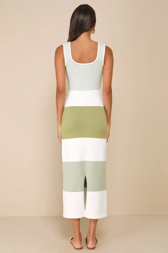 Easily Gorgeous Ivory and Sage Green Striped Midi Sweater Dress sold by Lulus product image thumbnail 3