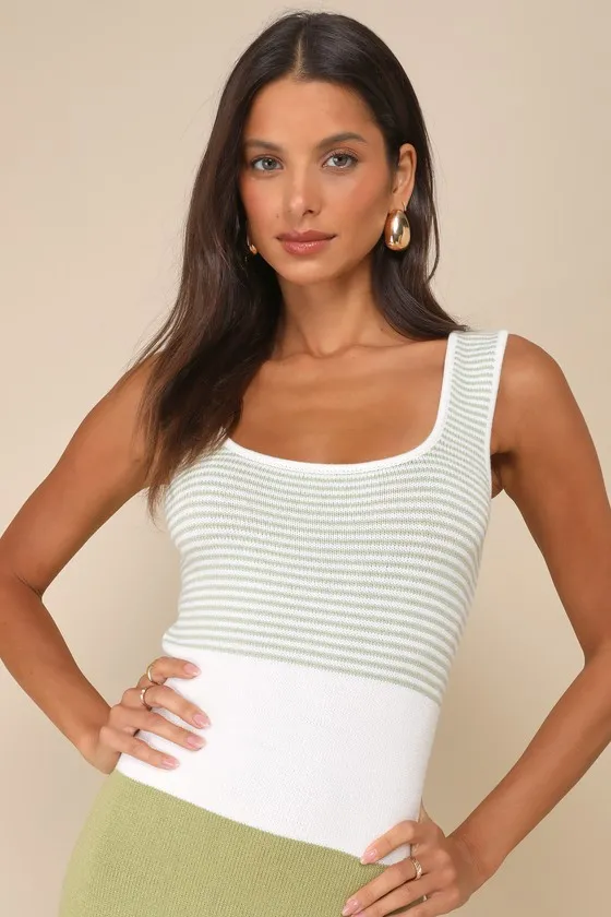 Easily Gorgeous Ivory and Sage Green Striped Midi Sweater Dress sold by Lulus product image thumbnail 4