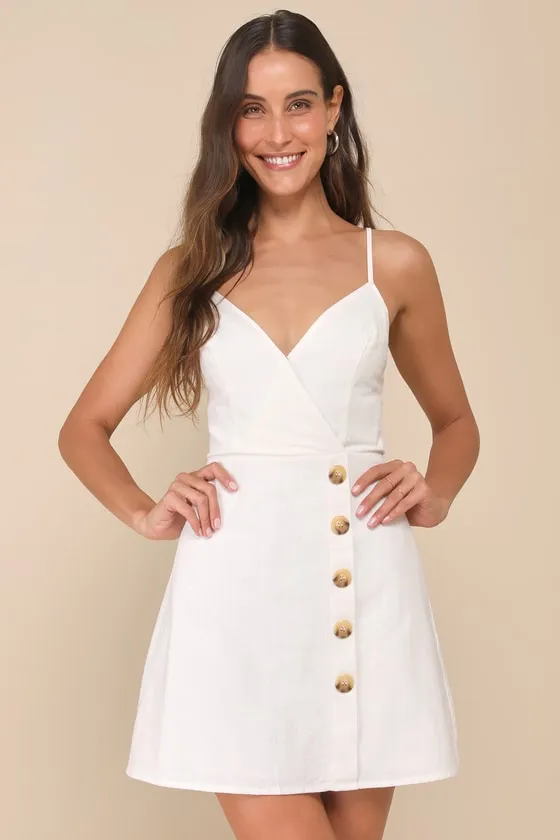 Sweet Breeze Ivory Surplice Button-Front Mini Dress sold by Lulus