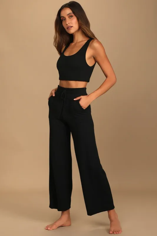 Sweet Slumber Black Ribbed Two-Piece Pajama Set sold by Lulus