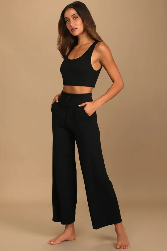 Sweet Slumber Black Ribbed Two-Piece Pajama Set sold by Lulus