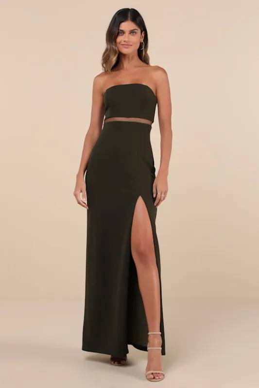 Enticing Silhouette Dark Olive Green Mesh Strapless Maxi Dress sold by Lulus