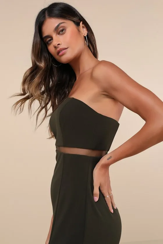 Enticing Silhouette Dark Olive Green Mesh Strapless Maxi Dress sold by Lulus product image thumbnail 4