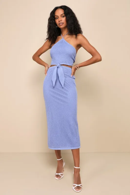 Sunny Serenity Periwinkle Crochet Cutout Halter Midi Dress sold by Lulus