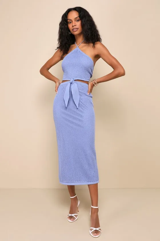 Sunny Serenity Periwinkle Crochet Cutout Halter Midi Dress sold by Lulus