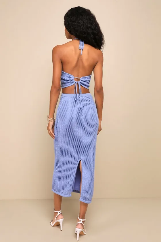 Sunny Serenity Periwinkle Crochet Cutout Halter Midi Dress sold by Lulus product image thumbnail 4