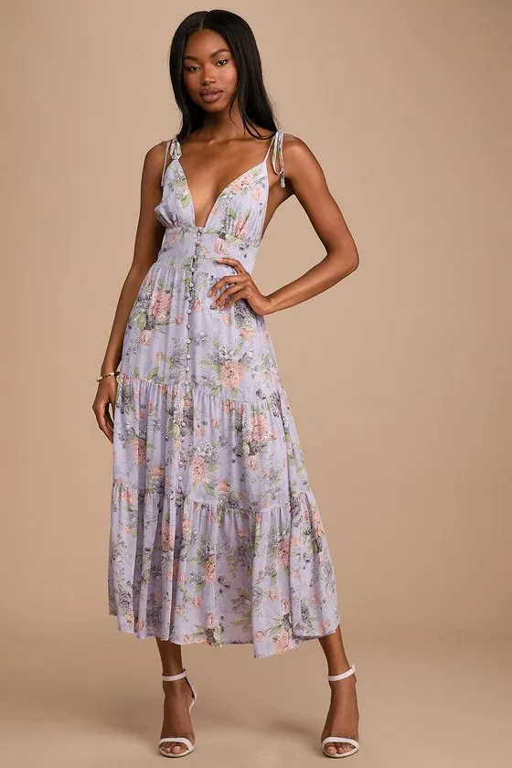 Everlasting Sight Lavender Floral Print Tie-Strap Midi Dress sold by Lulus