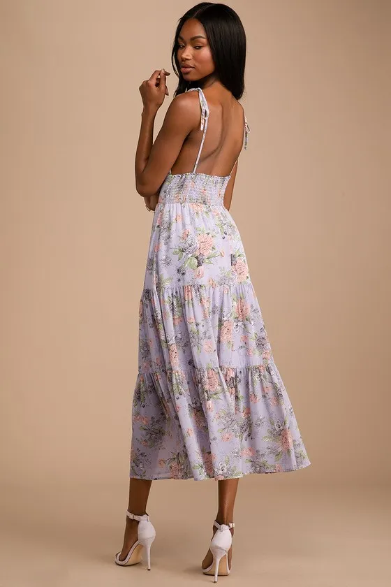 Everlasting Sight Lavender Floral Print Tie-Strap Midi Dress sold by Lulus product image thumbnail 3