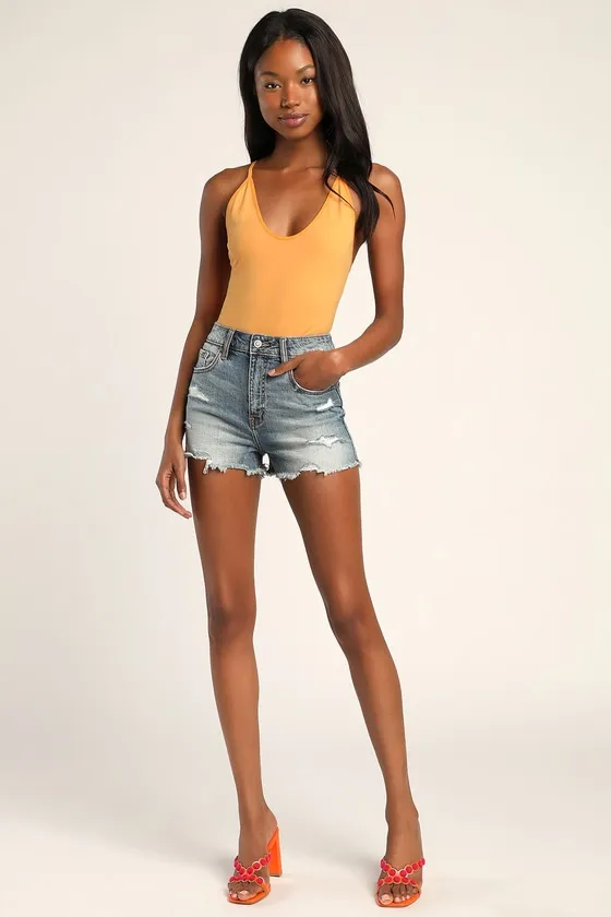 Lulu Medium Wash High-Rise Faded Cutoff Denim Shorts sold by Lulus product image thumbnail 4