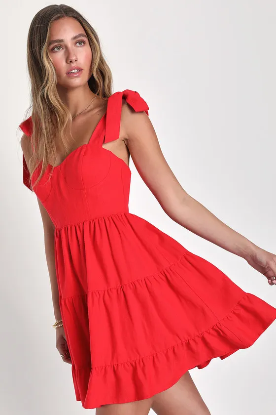 Tier-ly Delightful Red Tie-Strap Tiered Bustier Mini Dress sold by Lulus