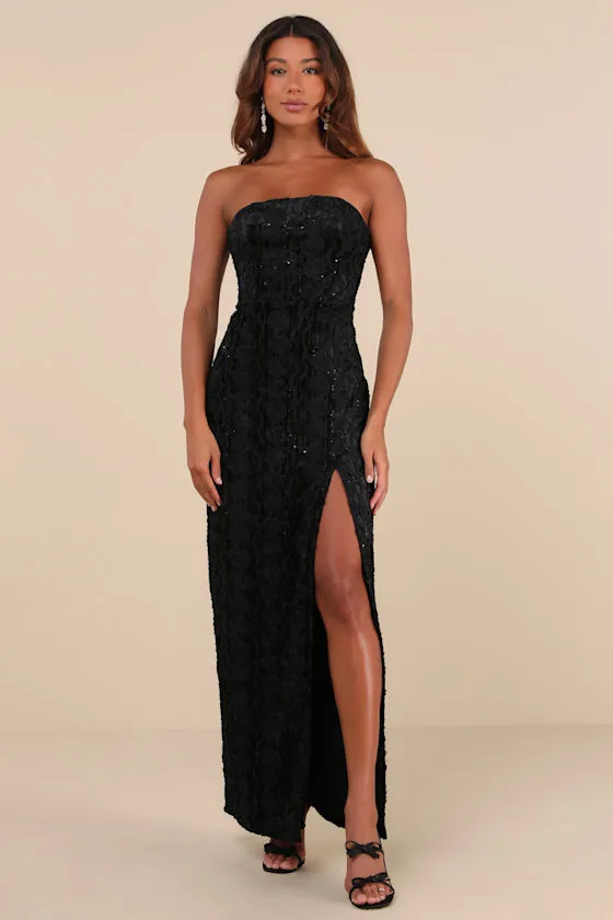 Chic Grace Black Velvet Floral Applique Strapless Maxi Dress sold by Lulus