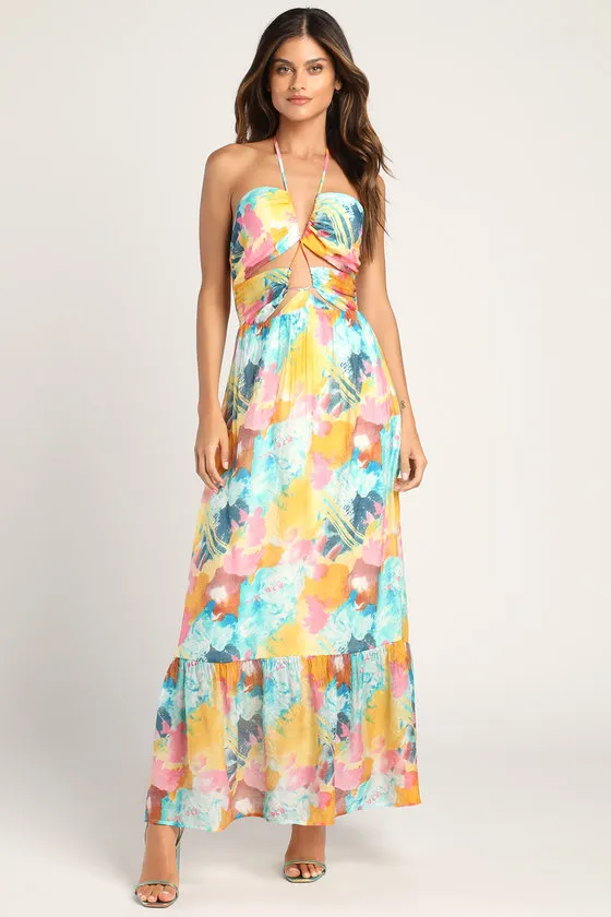Stunning One Multi Abstract Print Drawstring Halter Maxi Dress sold by Lulus