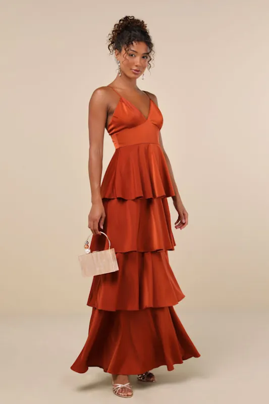 Going with Elegance Rust Brown Satin Tiered Gown sold by Lulus