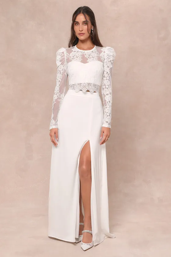 Heavenly Promise White Sheer Lace Two-Piece Maxi Dress sold by Lulus