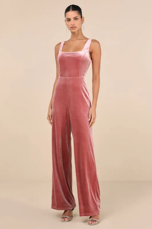 Splendidly Stunning Dusty Rose Velvet Lace-Up Wide-Leg Jumpsuit sold by Lulus
