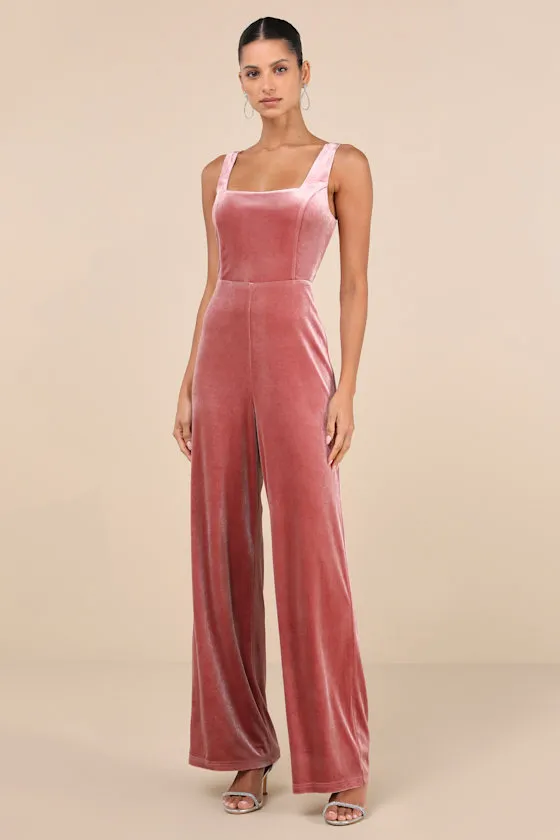 Splendidly Stunning Dusty Rose Velvet Lace-Up Wide-Leg Jumpsuit sold by Lulus