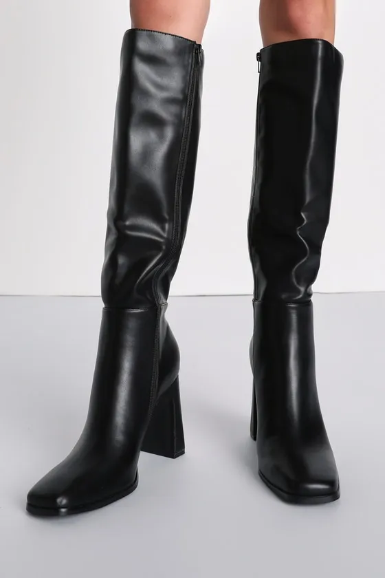Ceceliaa Black Square Toe Knee-High Boots sold by Lulus