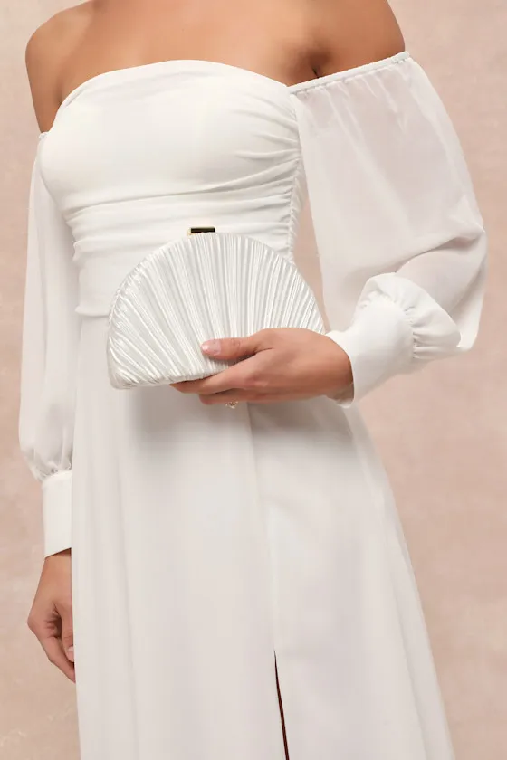 Pleat Perfection White Satin Pleated Hard Clutch sold by Lulus