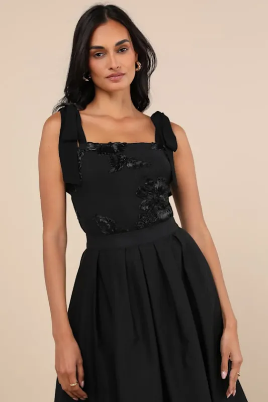 Memorably Charming Black Tie-Strap Bodysuit sold by Lulus