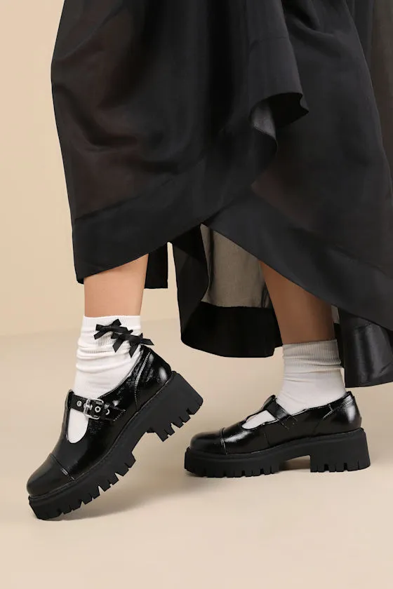 Georgio Black Lug Sole T-Strap Loafers sold by Lulus