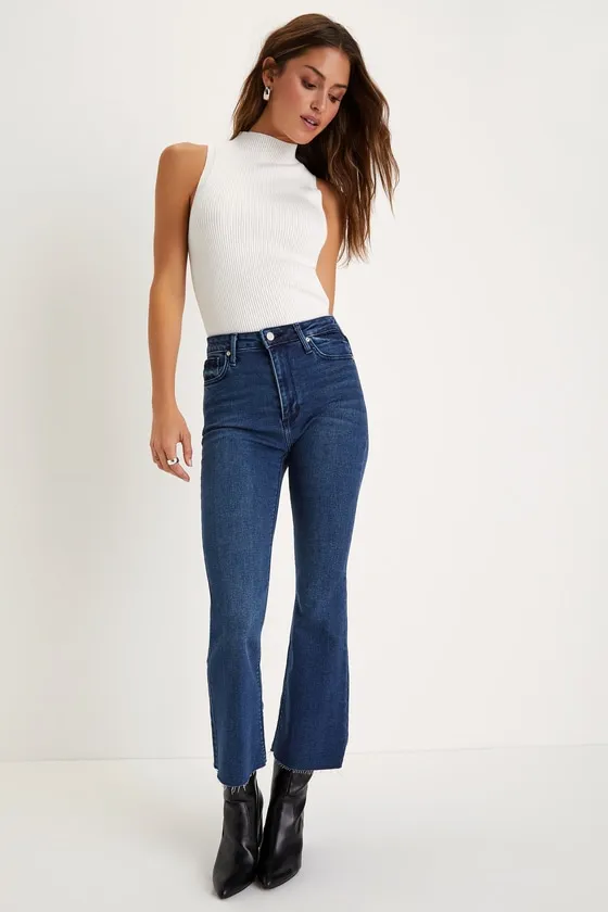 Stylish Flair Dark Wash Denim High-Rise Flare Jeans sold by Lulus