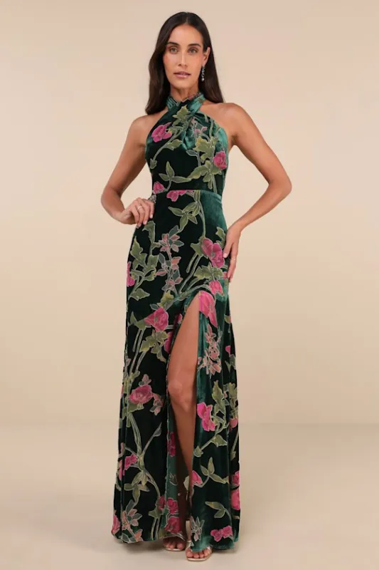 Flawlessly Gorgeous Green Burnout Floral Halter Maxi Dress sold by Lulus