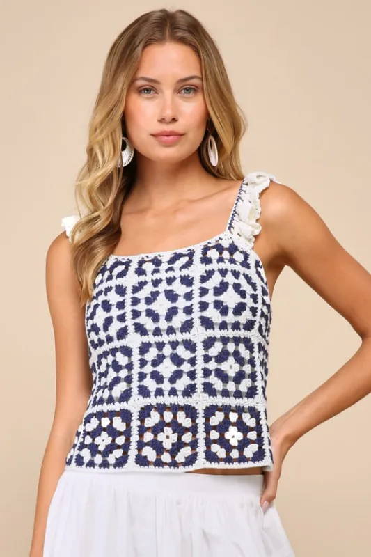 Oh-So Sunny Ivory and Blue Ruffled Crochet Sleeveless Top sold by Lulus
