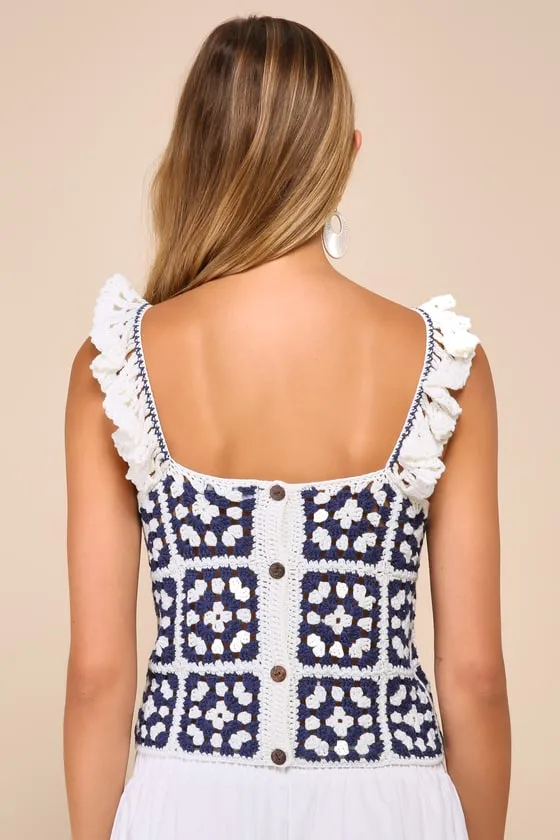 Oh-So Sunny Ivory and Blue Ruffled Crochet Sleeveless Top sold by Lulus product image thumbnail 2