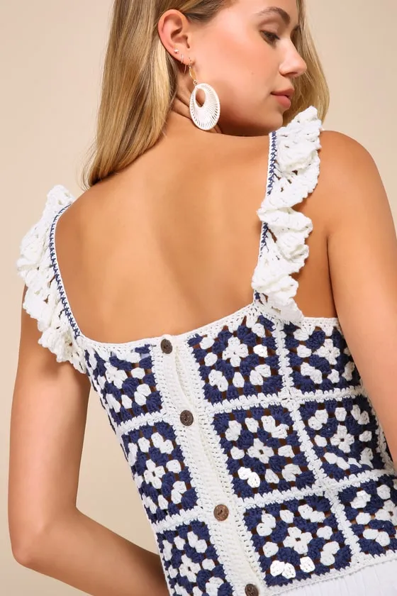 Oh-So Sunny Ivory and Blue Ruffled Crochet Sleeveless Top sold by Lulus product image thumbnail 4