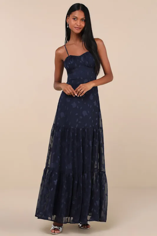 Poised Grace Navy Blue Burnout Floral Bustier Tiered Maxi Dress sold by Lulus