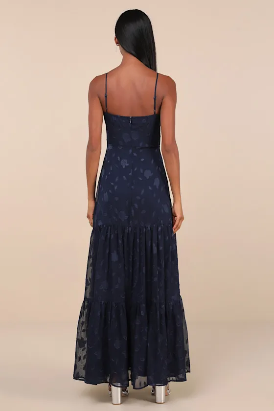Poised Grace Navy Blue Burnout Floral Bustier Tiered Maxi Dress sold by Lulus product image thumbnail 2