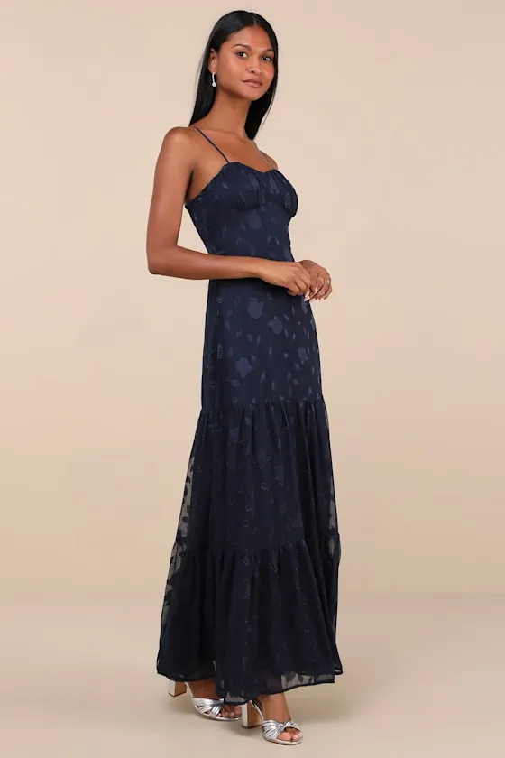 Poised Grace Navy Blue Burnout Floral Bustier Tiered Maxi Dress sold by Lulus product image thumbnail 3