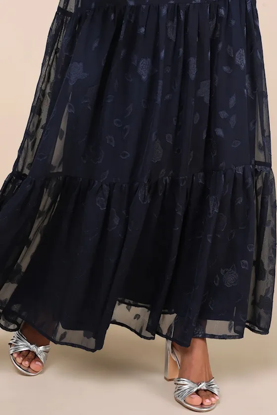 Poised Grace Navy Blue Burnout Floral Bustier Tiered Maxi Dress sold by Lulus product image thumbnail 4