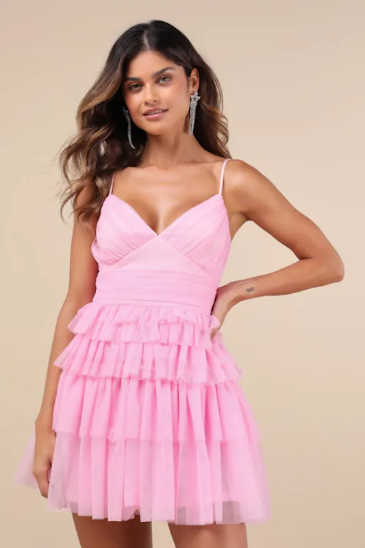 Special Poise Pink Tulle Pleated Sleeveless Tiered Mini Dress sold by Lulus