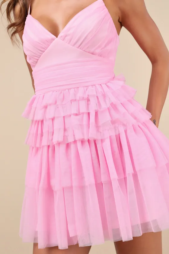 Special Poise Pink Tulle Pleated Sleeveless Tiered Mini Dress sold by Lulus product image thumbnail 3