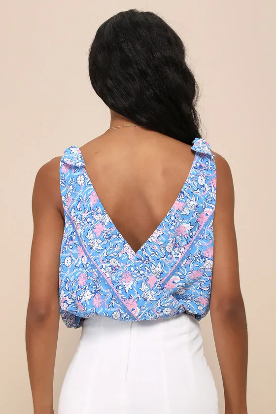 Always Blossoming Blue Multi Floral Print Tie-Strap Bodysuit sold by Lulus product image thumbnail 2