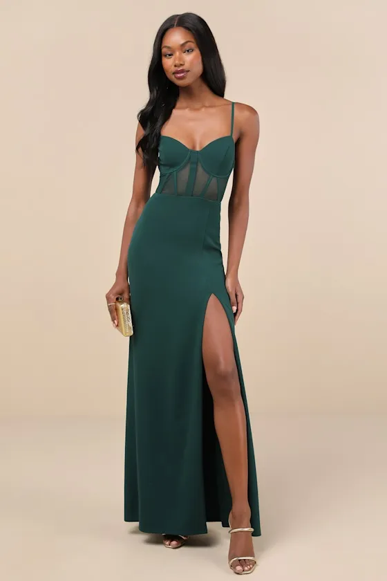Sultry Mentality Hunter Green Mesh Bustier Sleeveless Maxi Dress sold by Lulus