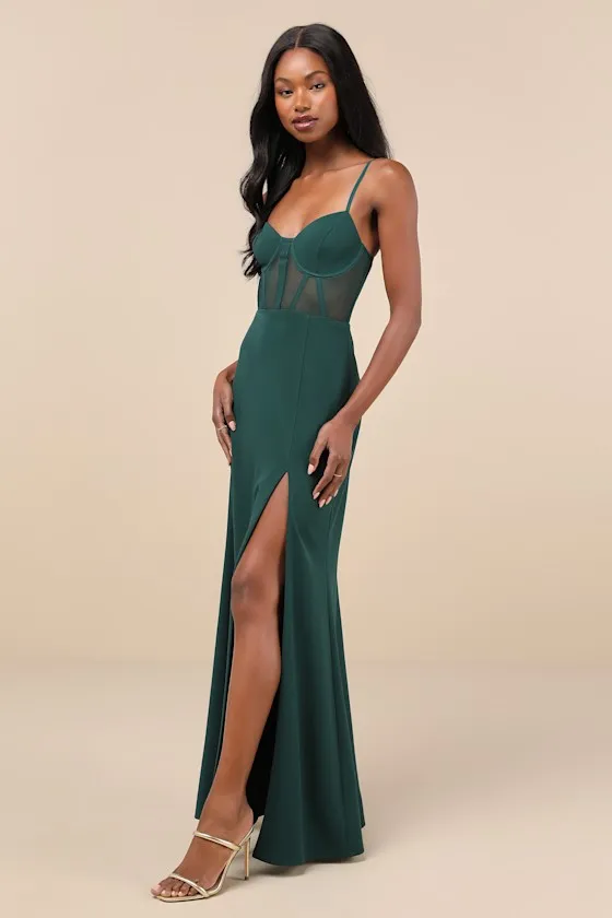 Sultry Mentality Hunter Green Mesh Bustier Sleeveless Maxi Dress sold by Lulus product image thumbnail 3