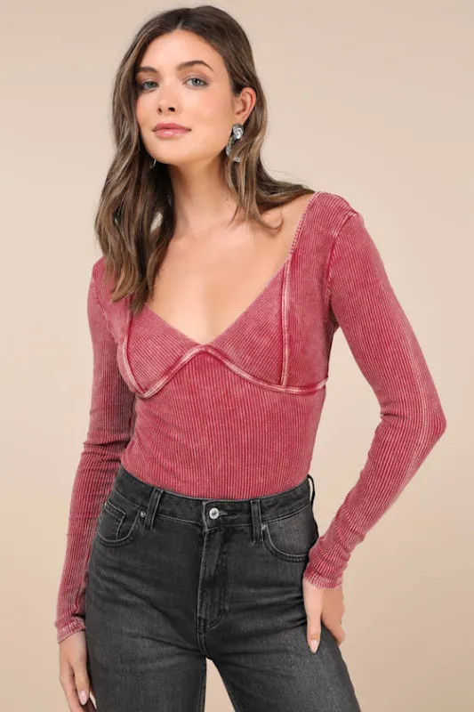 Trendsetting Confidence Washed Pink Ribbed Long Sleeve Bodysuit sold by Lulus