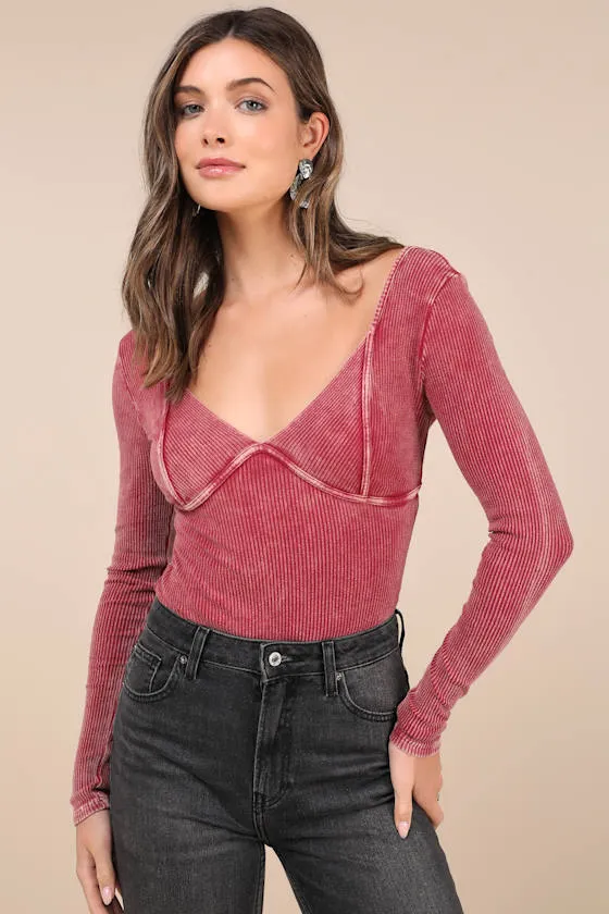 Trendsetting Confidence Washed Pink Ribbed Long Sleeve Bodysuit sold by Lulus